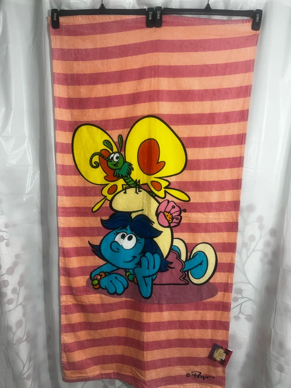 Blue Smurf Character Towel - Pink & Peach Stripes 27”x55”